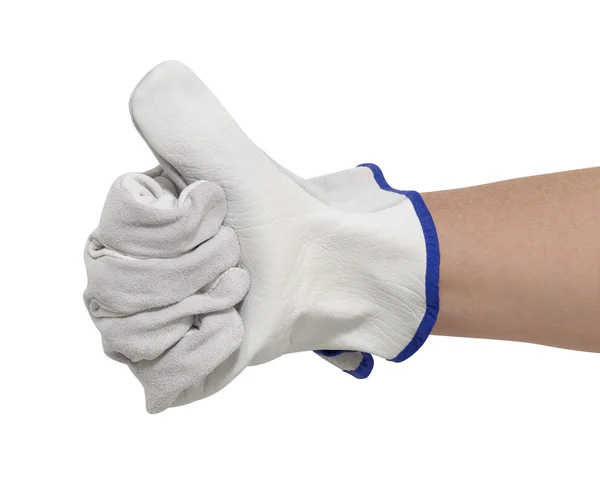 Gloved hand signaling thumb up — Stock Photo, Image