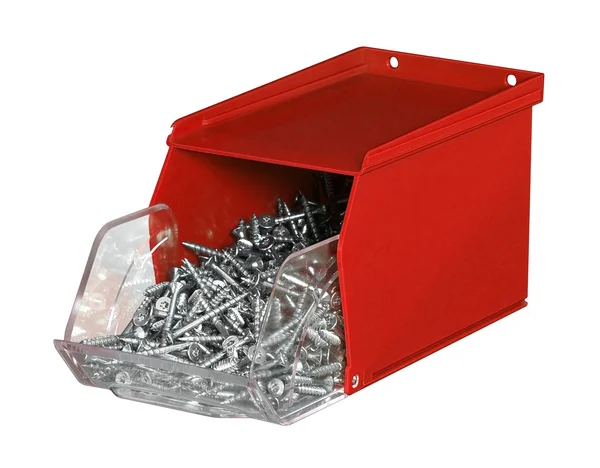 Röd plast skruv box — Stockfoto