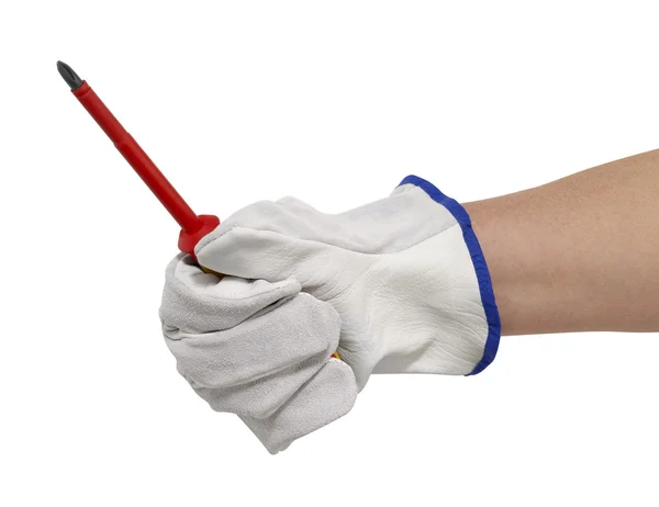 Handschuhte hand mit schraubendreher — Stockfoto
