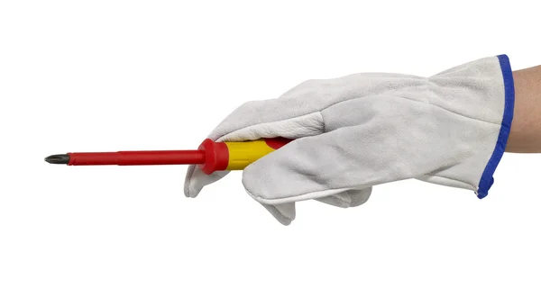Handschuhte hand mit schraubendreher — Stockfoto