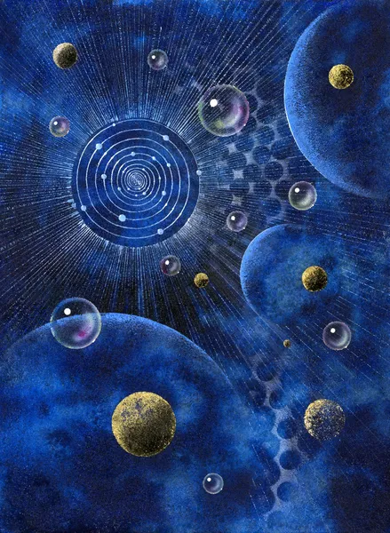 Абстрактная картина с планетами и пузырями — стоковое фото