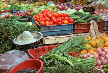 Market stand with fruits and vegetables clipart