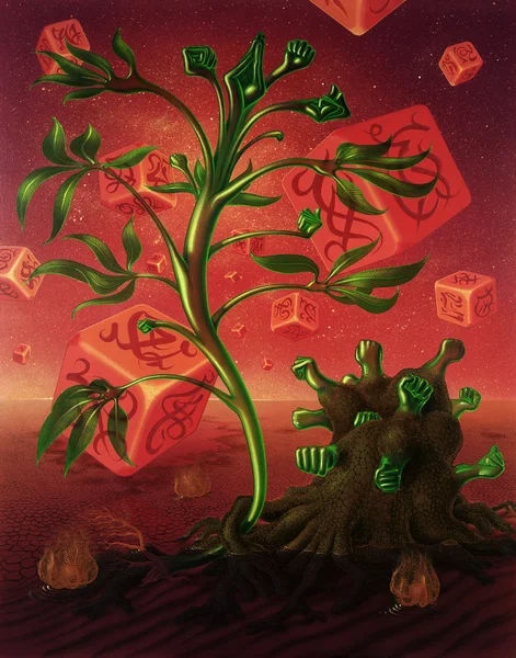 Surrealistische foto met dobbelstenen en planten — Stockfoto