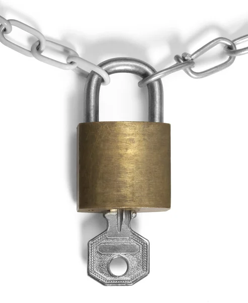 Padlock with key and chains — Stock Photo, Image