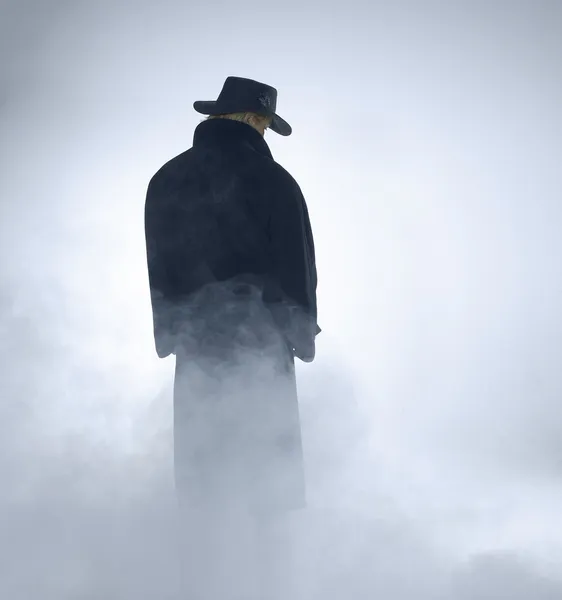Vrouw dragen trenchcoat en permanent in de mist — Stockfoto