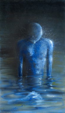 Blue figure standing in water, oil painting clipart