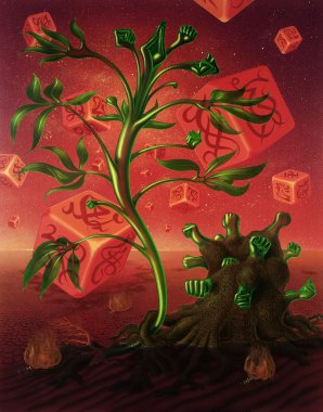 Surreal picture with dice and plants clipart