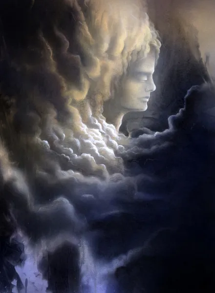 Медитативное лицо и бурные облака — стоковое фото