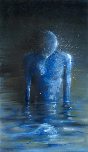 Blaue Figur im Wasser stehend, Ölgemälde — Stockfoto