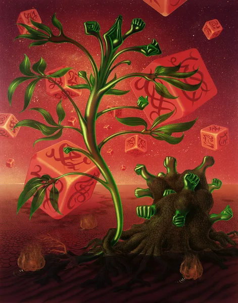 Сюрреалистичная картина с костями и растениями — стоковое фото