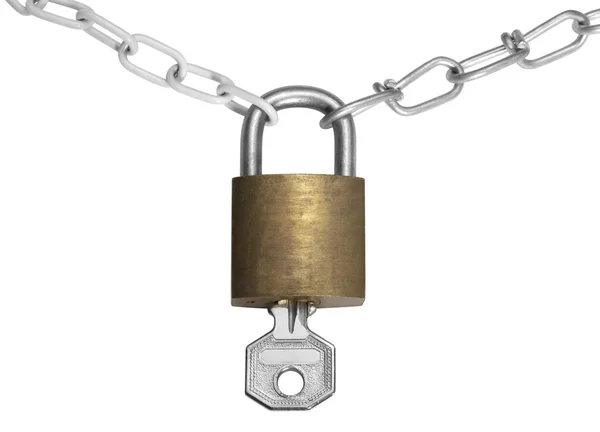 Padlock with key and chains — Stock Photo, Image