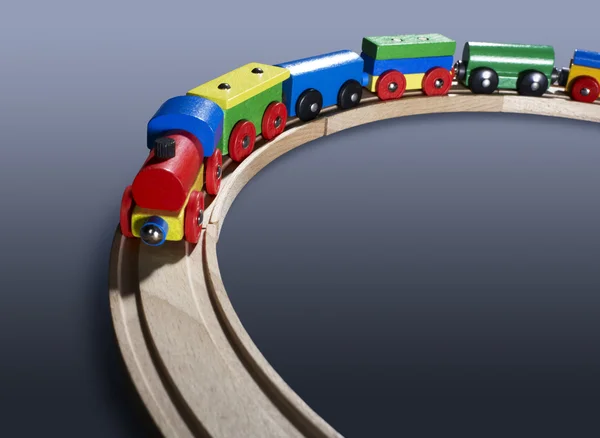 stock image Colorful wooden toy train on tracks