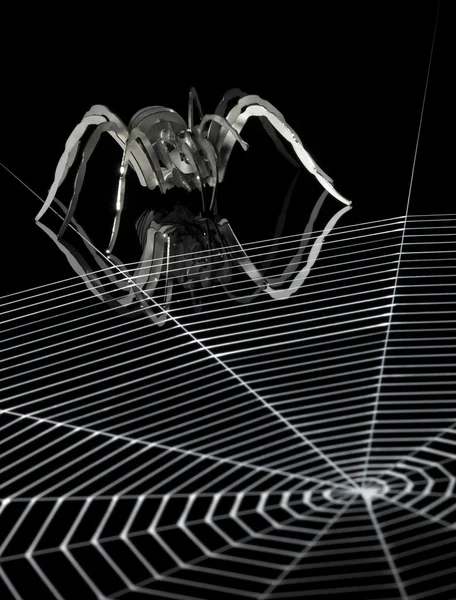 Metal spider and spiderweb — Stock Photo, Image