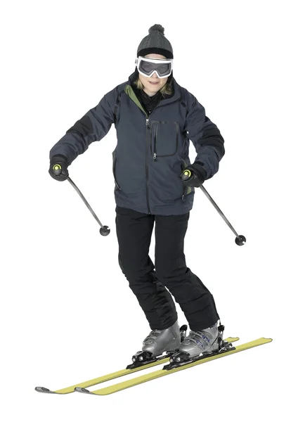 stock image Dark dressed skiing woman