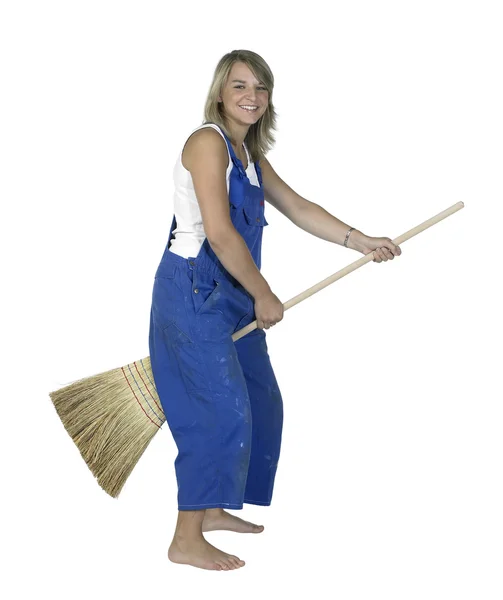 Cute girl sitting on a besom — Stock Photo, Image