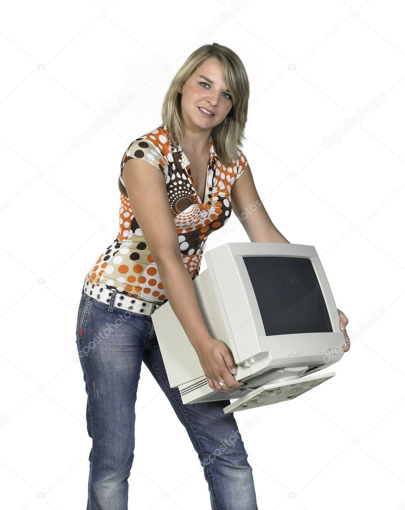 Cute girl carrying a computer monitor — Stock Photo © prill 7946679
