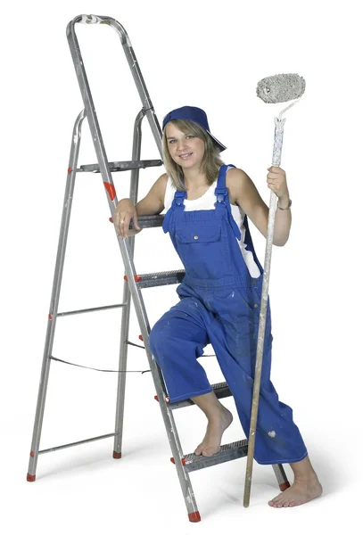 Painting girl lean on a ladder — Stock Photo, Image