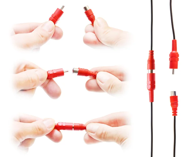 Red audio connectors in hands — Stock Photo, Image