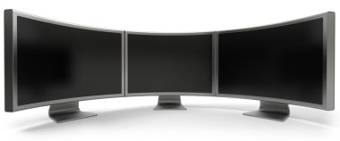 Three curved blank LCD computer monitors clipart