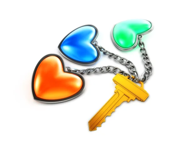 Schlüssel mit 3 Schmuckherzen — Stockfoto