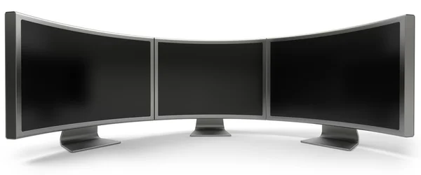 Tres monitores de computadora LCD en blanco curvado — Foto de Stock