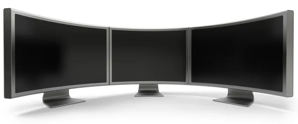 Tre monitor per computer LCD curvi vuoti Foto Stock Royalty Free