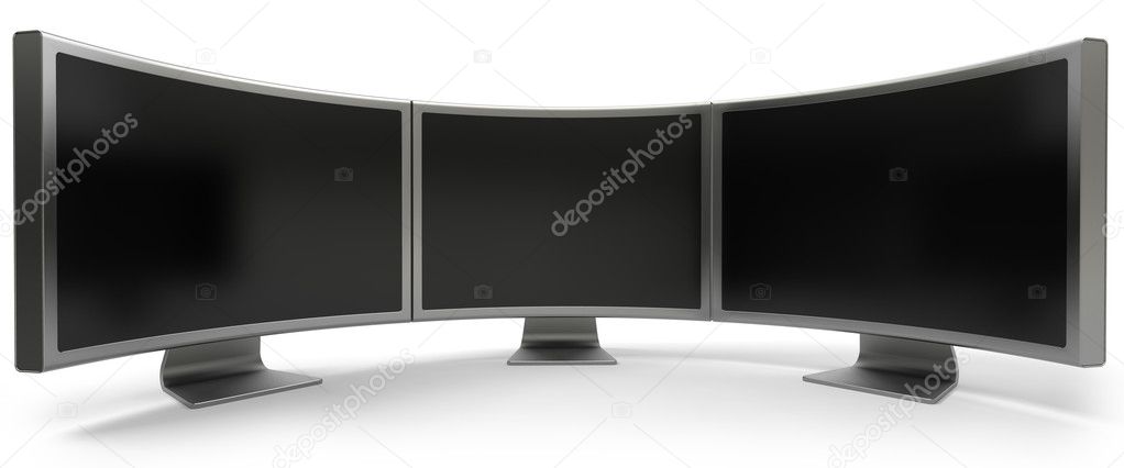 Three curved blank LCD computer monitors