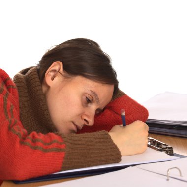 Very Tired Young Caucasian Woman Writing clipart