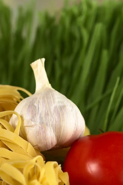 Garlic and Tomato with Raw Tagliatelle — Stock Photo, Image