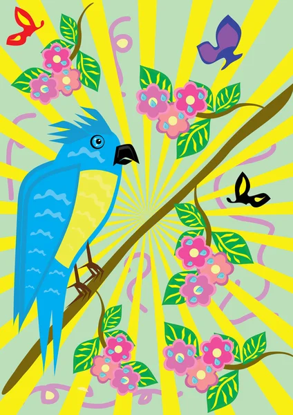热带荒谬鹦鹉和花卉背景 — 图库矢量图片