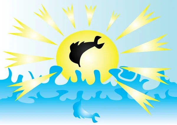 Alba sul mare e delfini — Vettoriale Stock