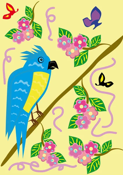 Tropical ridiculous parrot and floral background — Stock Vector