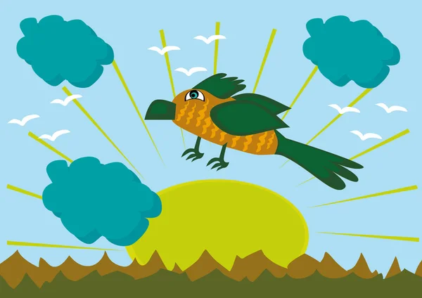 Uccello dei cartoni animati su sfondo montagne — Vettoriale Stock