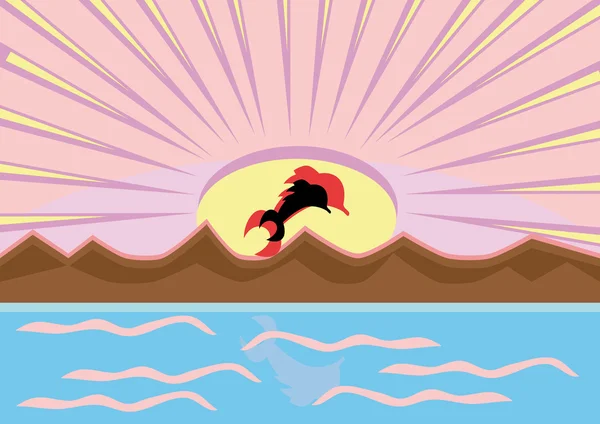 Svítání na moři a delfíni — Stockový vektor