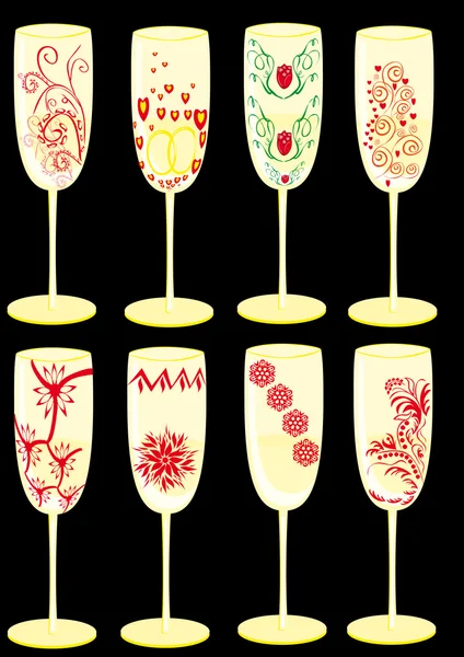Set of celebratory glasses with patterns — Stock Vector