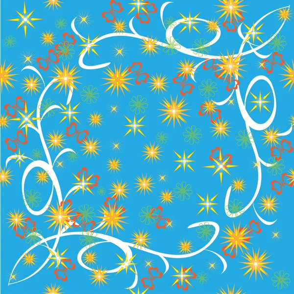 Ciel avec étoiles brillantes, fleurs et papillons — Image vectorielle
