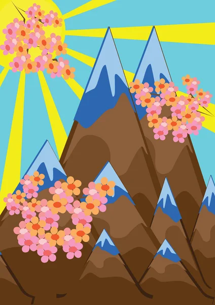 山の風景とピンクの枝を抽象化します。 — ストックベクタ