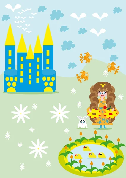 The small girl princess walks about the castle — Stock Vector