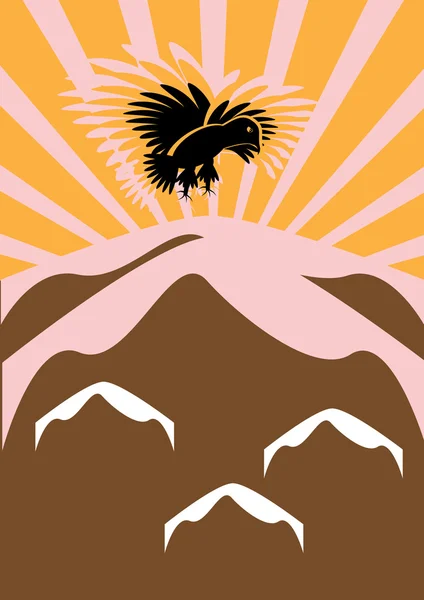 The eagle flies over mountains in sun beams — Stock Vector