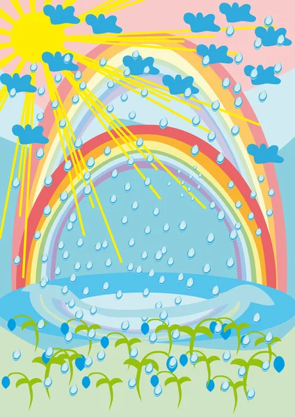 Pioggia, sole, arcobaleno e fiori — Vettoriale Stock