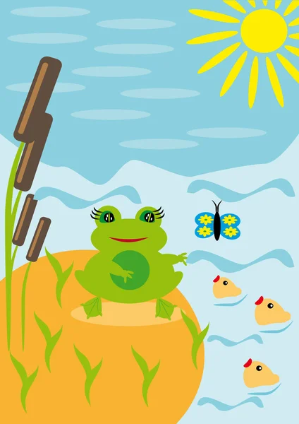 青蛙在池塘上在阳光下 — 图库矢量图片