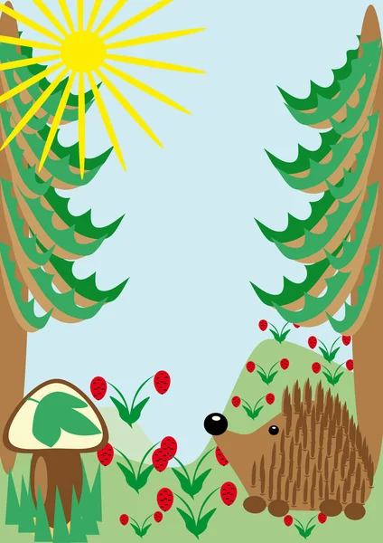 Hedgehog on a wood glade. illustration — Stock Vector