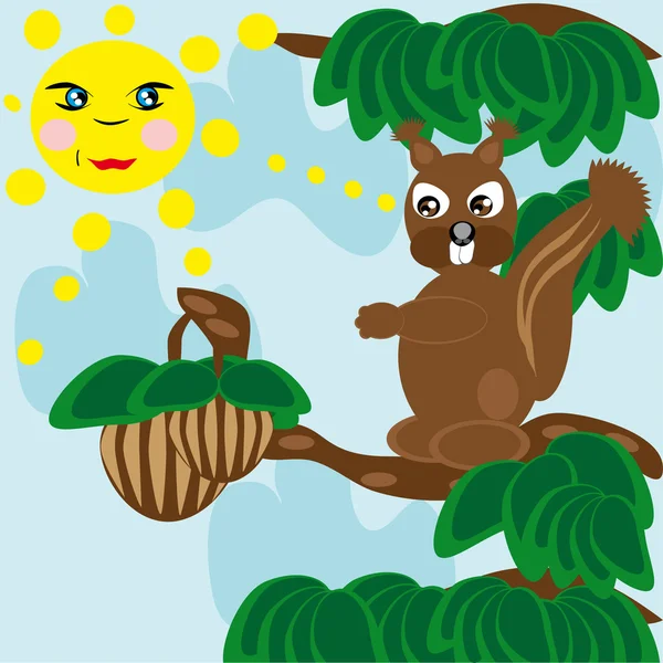 Esquilo no tempo solar tenta obter uma porca de madeira — Vetor de Stock
