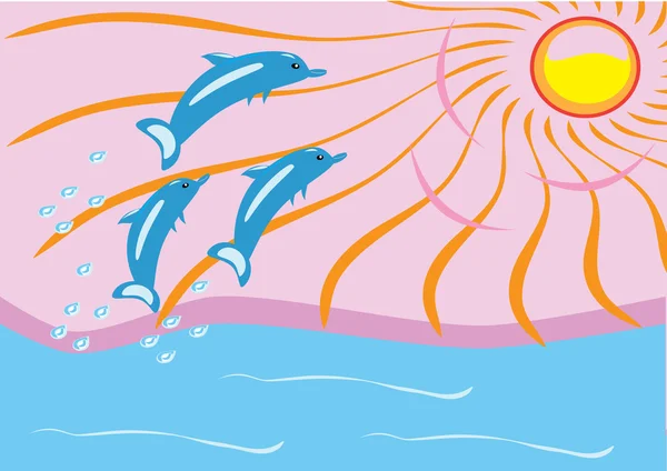 Gryning vid havet och delfiner — Stock vektor