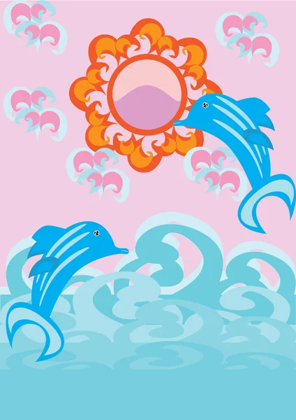 大海、 太阳和海豚 — 图库矢量图片