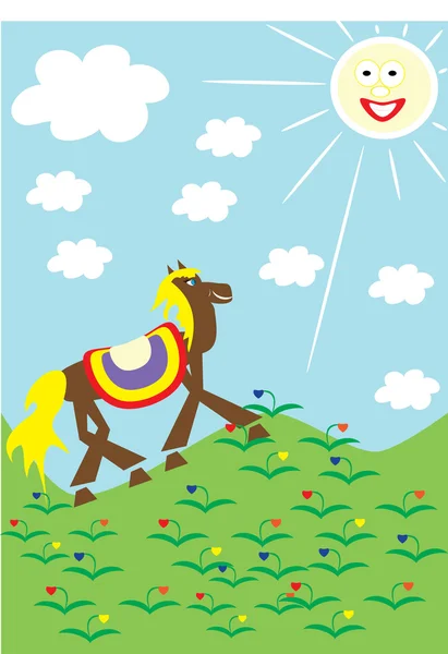 El caballo camina sobre una hierba verde — Vector de stock
