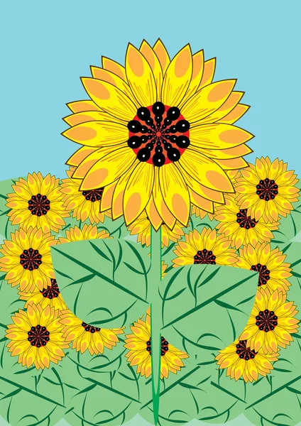 Some sunflowers against the sky and greens — Stock Vector