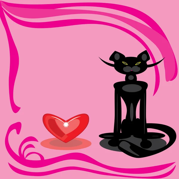 Chat noir et coeur sur fond rose . — Image vectorielle
