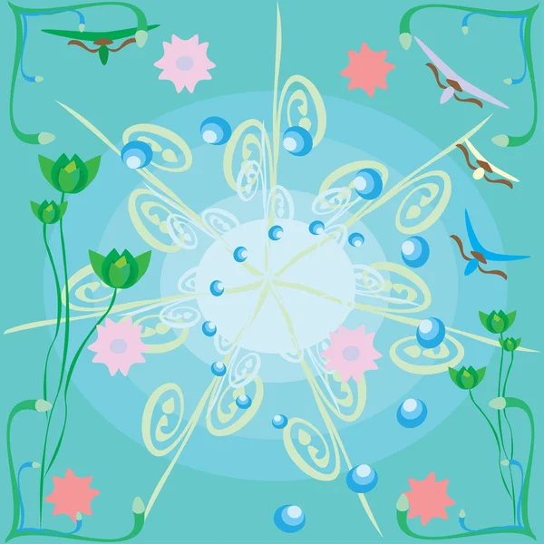 带有花的抽象蓝色背景 — 图库矢量图片