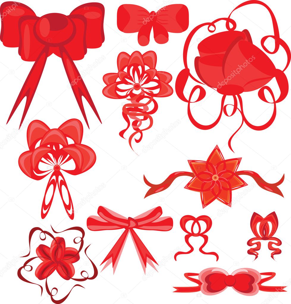 Set of red bows on the isolated background